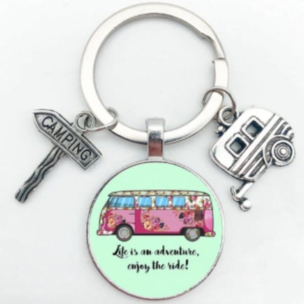 LIFE IS AN ADVENTURE, ENJOY THE RIDE Trailer Wagon Camping Silver Cute Keychain
